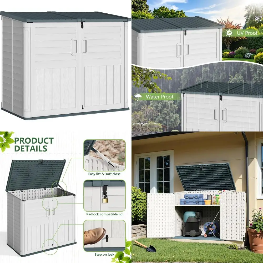 

Наружный навес из смолы Greesum, горизонтальный ящик для хранения 34 кубических футов, водонепроницаемый для использования в саду и бассейне, подходит для хранения Garba