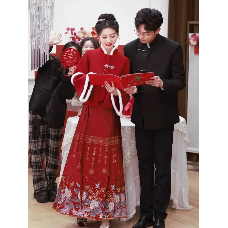 

Red Chinese Style Thickened Autumn Winter Dress Wedding Engagement Ceremony Dress Women's Fashionable Two-Piece Set Dress