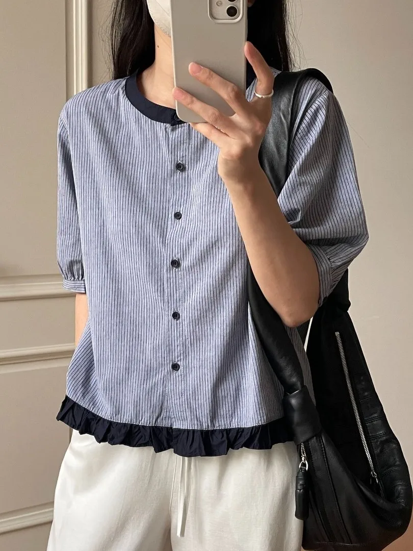 

Женская свободная рубашка больших размеров (до 300 фунтов) в корейском стиле, синяя в полоску, с рукавами-фонариками, на деревянных пуговицах, летняя повседневная одежда