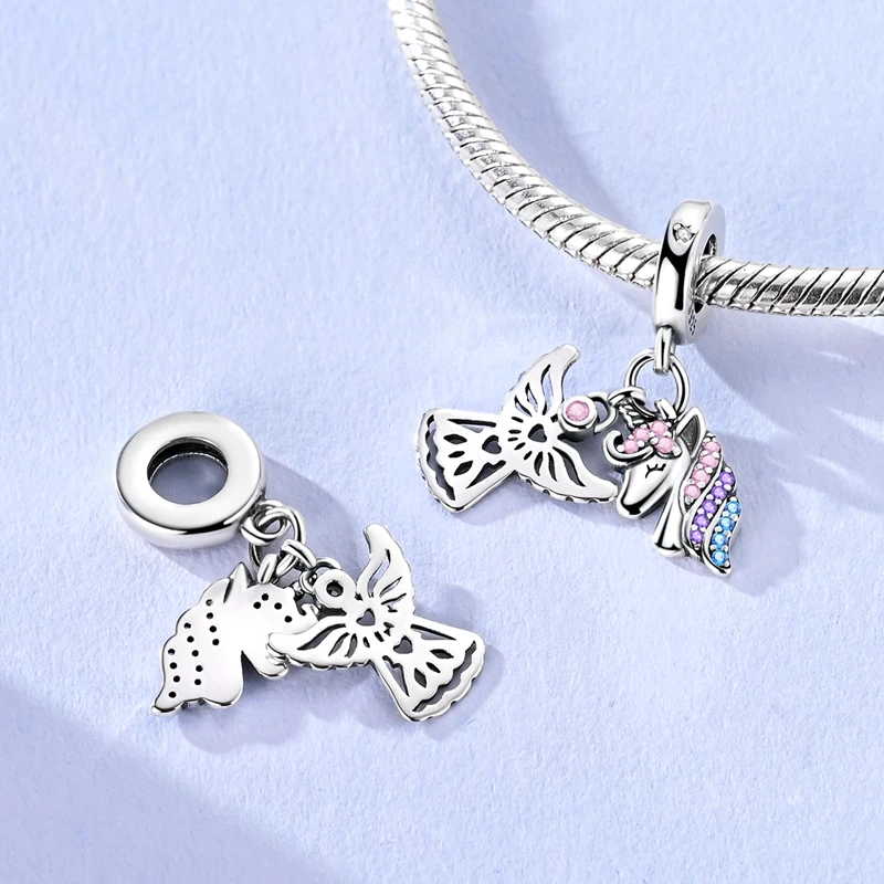 

925 Sterling Silver Angel Unicorn Charms Bead CZ Zirconium Colorful Dangle Fit Original Bracelet DIY Women Jewelry Gift