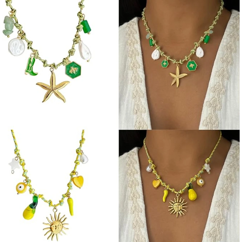 

Copper DIY Knotting Rope Chain Pearl Accent Colorful Starfish Pendant Necklace Dopamine Style Beach Style Necklace Gift Newmodel