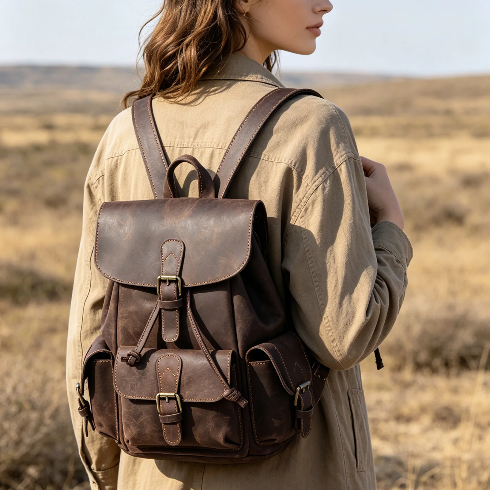 S.WORKER Vintage Echtleder-Rucksack für Damen, Reise-Vintage-Mini-Crazy-Horse-Schultasche, Schultertasche aus Rindsleder – Detail 4