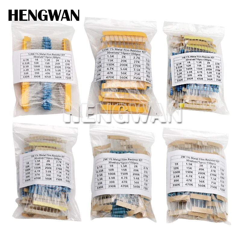 150PCS 300PCS 1/2W 1W 2W 3W Resistance 1% Metal Film Resistor Assortment Kit Set 30Kinds Each 5/10PCS 1R~750R 1K~820K Ohm