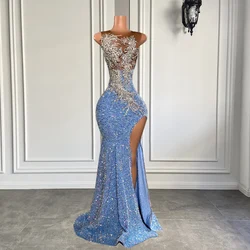 Long Sexy Sparkly Prom Dress 2026 High Slit Luxury Silver Beaded Light Blue Sequin Black Girl Mermaid Prom Party Gowns