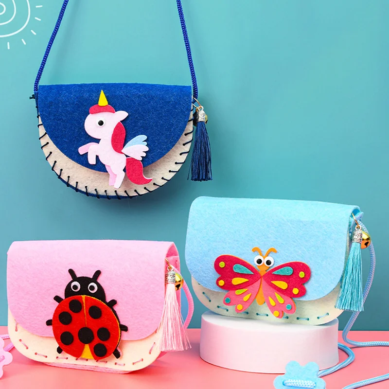 DIY Cute Cartoon Children\'s Handmade Non-woven Crossbody Bag Craft Kits Weaving Messenger Shoulder Handbag Coin Purse Bag