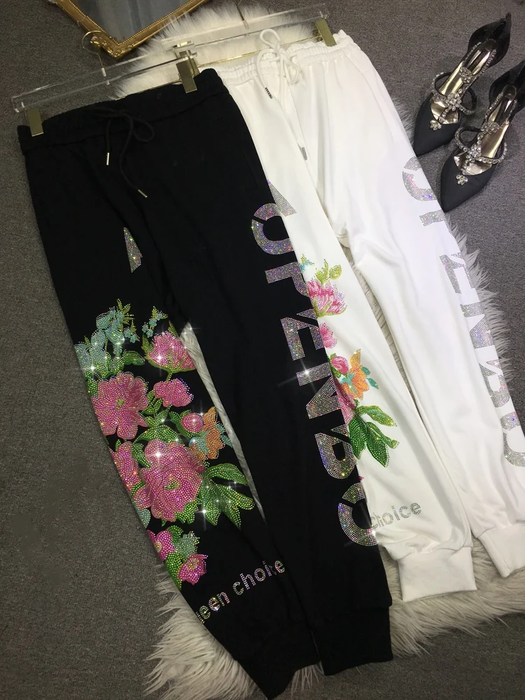 Blingbling Luxury Peony Flower Hot Drilling Women Sweatpants Large Size High Waist Sports Pants All-match Casual Long Trousers