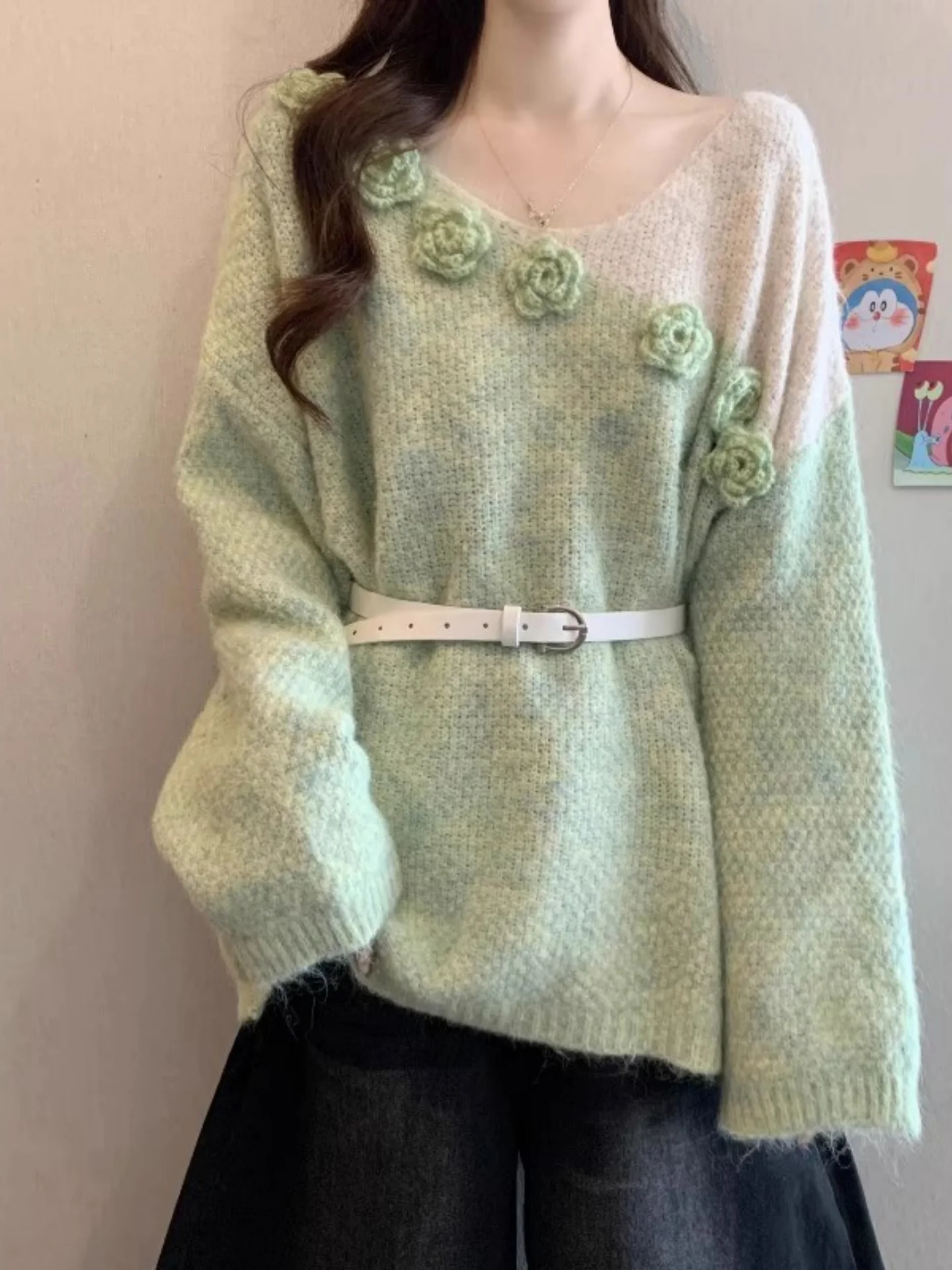 

Женский длинный вязаный свитер с 3D-цветочным узором в корейском стиле, повседневный, свободный крой, большие размеры, стандартная длина, топ