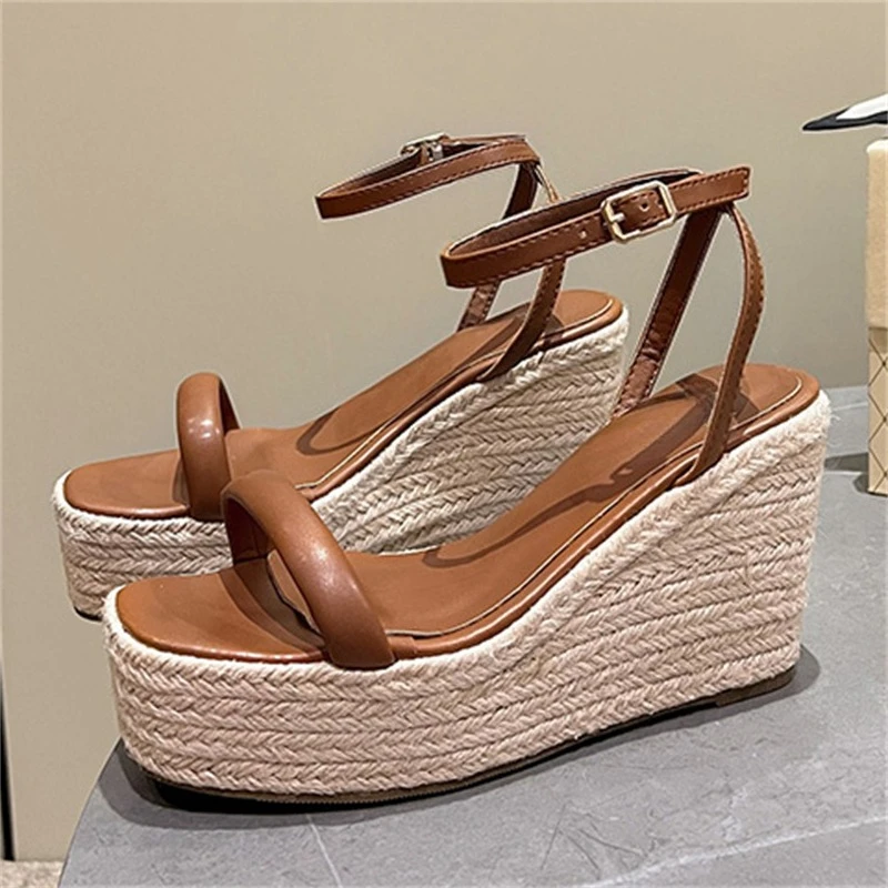 

Eilyken New Fashion Square Toe Buckle Strap Sandals Women's Wedge High Heels Shoes Summer Chunky Platform Sandalias De Mujer