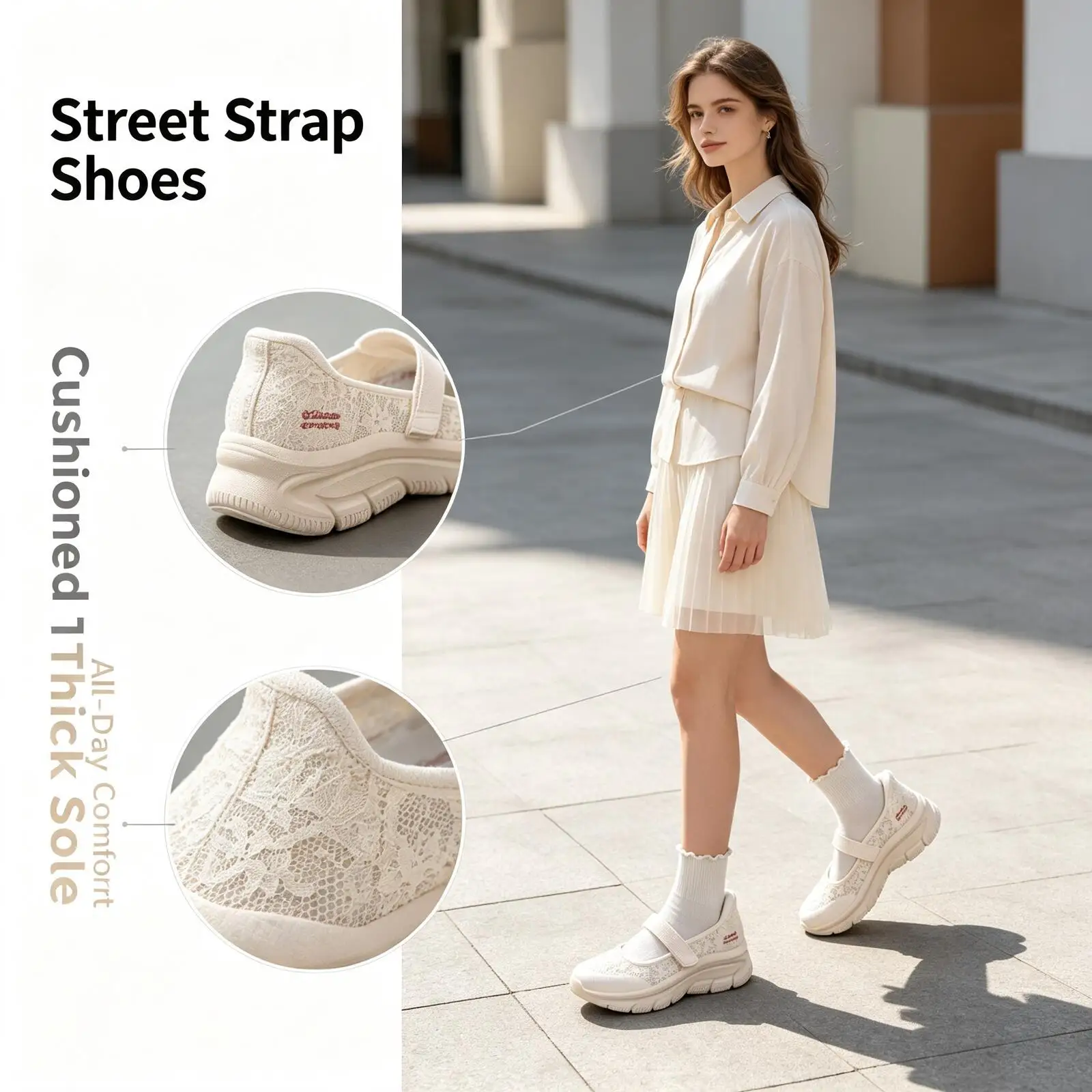 Skechers Mary Jane Trendy Fashion Beige Strap Sneakers for Men Cushioned Thick Sole Lightweight Street Sport Shoes 159520-OFWT