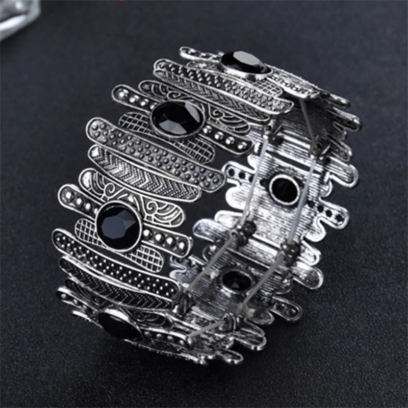 Punk Vintage Bracelet For Women Ancient Silver color Bohemia Concave Metal Rhinestones Crystal Bracelets & Bangles Jewelry Gifts