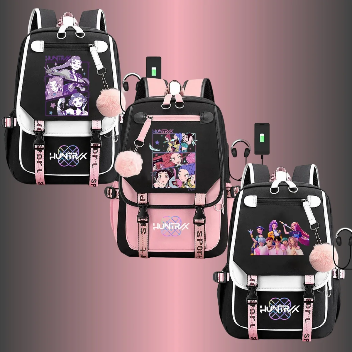 حقيبة ظهر مطبوعة على شكل شخصية فيلم الرسوم المتحركة للرجال والنساء بجيوب متعددة حقيبة تنكرية مع حقيبة مدرسية عصرية باللون الوردي والأسود للطلاب