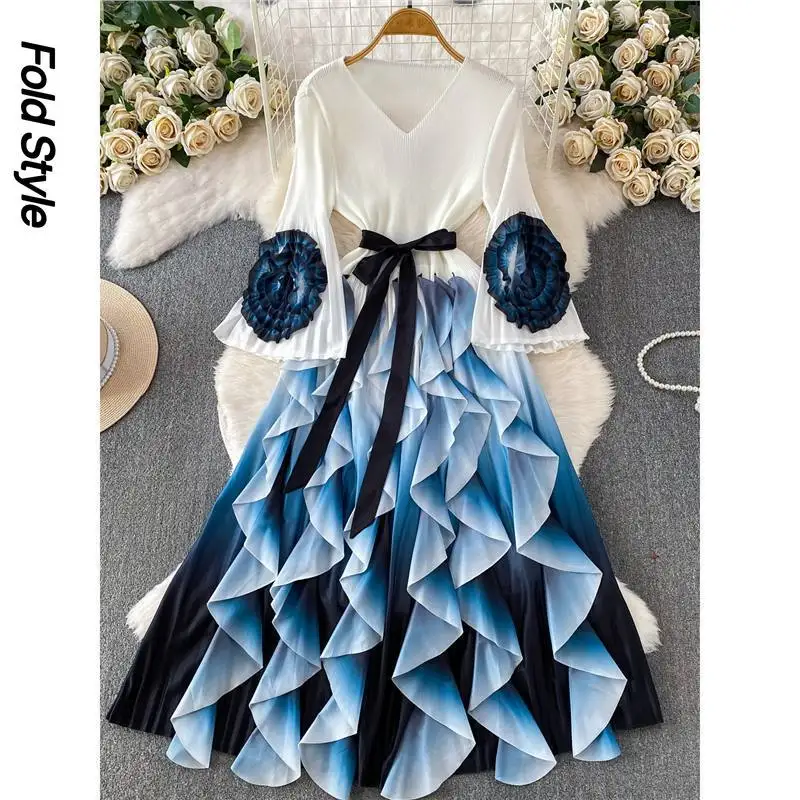 Miyake Ruffle Edge Dress Women's Clothing 2026 Spring and Autumn New Waist Thin Horn Sleeves Gradual Change Color Dress