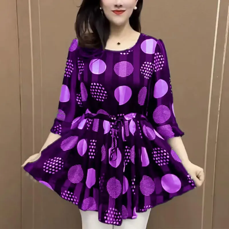 Commute Fashion Polka Dot Shirt Spring Summer Thin Drawstring Waist Women\'s Clothing 3/4 Sleeve Casual Round Neck Loose Blouse