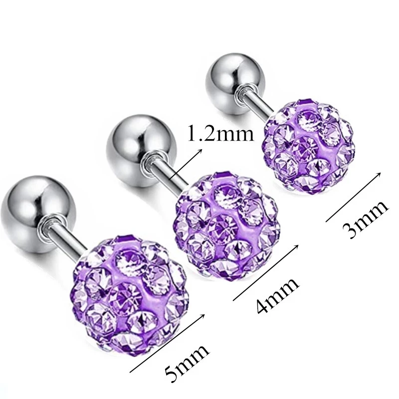 3pcs/set Surgical Steel Crystal Ball Screw Studs Earrings For Women Piercing Tragus Cartilage Helix Ear Bone Nail/Stick Jewelry