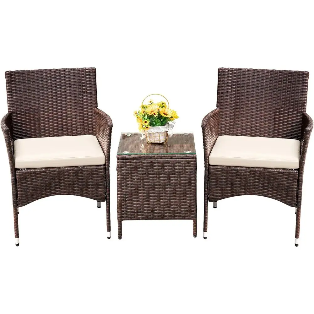 

3-Piece Outdoor PE Rattan Wicker Furniture Set with Table in Brown/Beige for Garden Patio