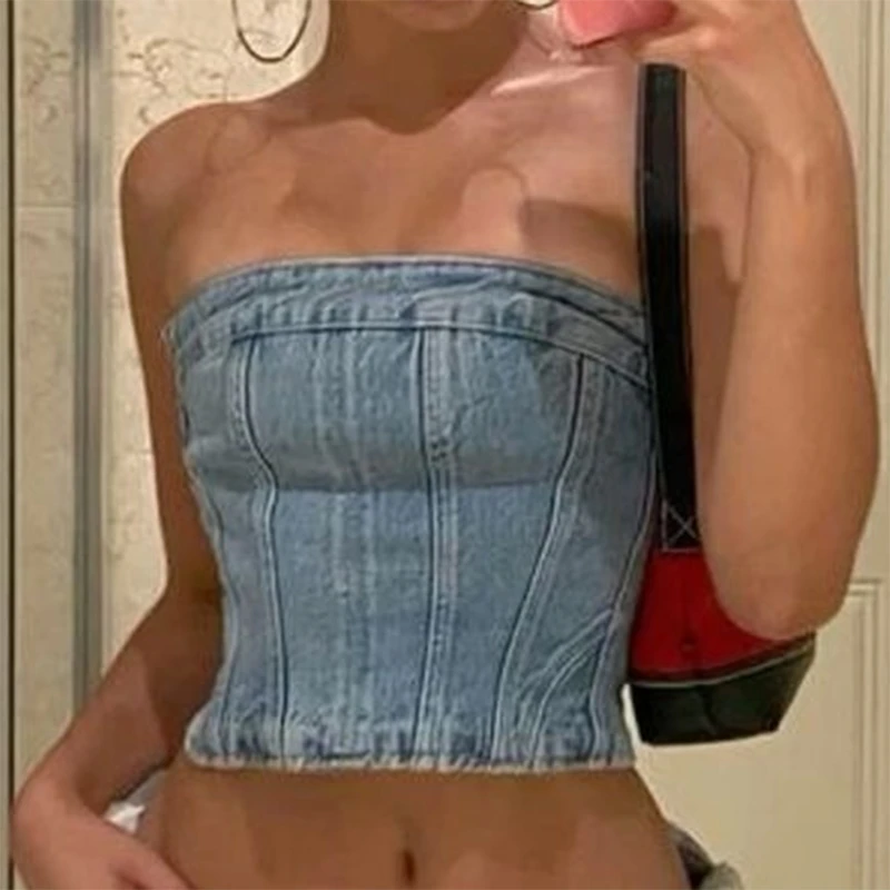 

Summer Women Blue Denim Tube Top American Vintage Sleeveless Strapless Jeans Tank Top Bralette Top Hot Girl Trendy Streetwear