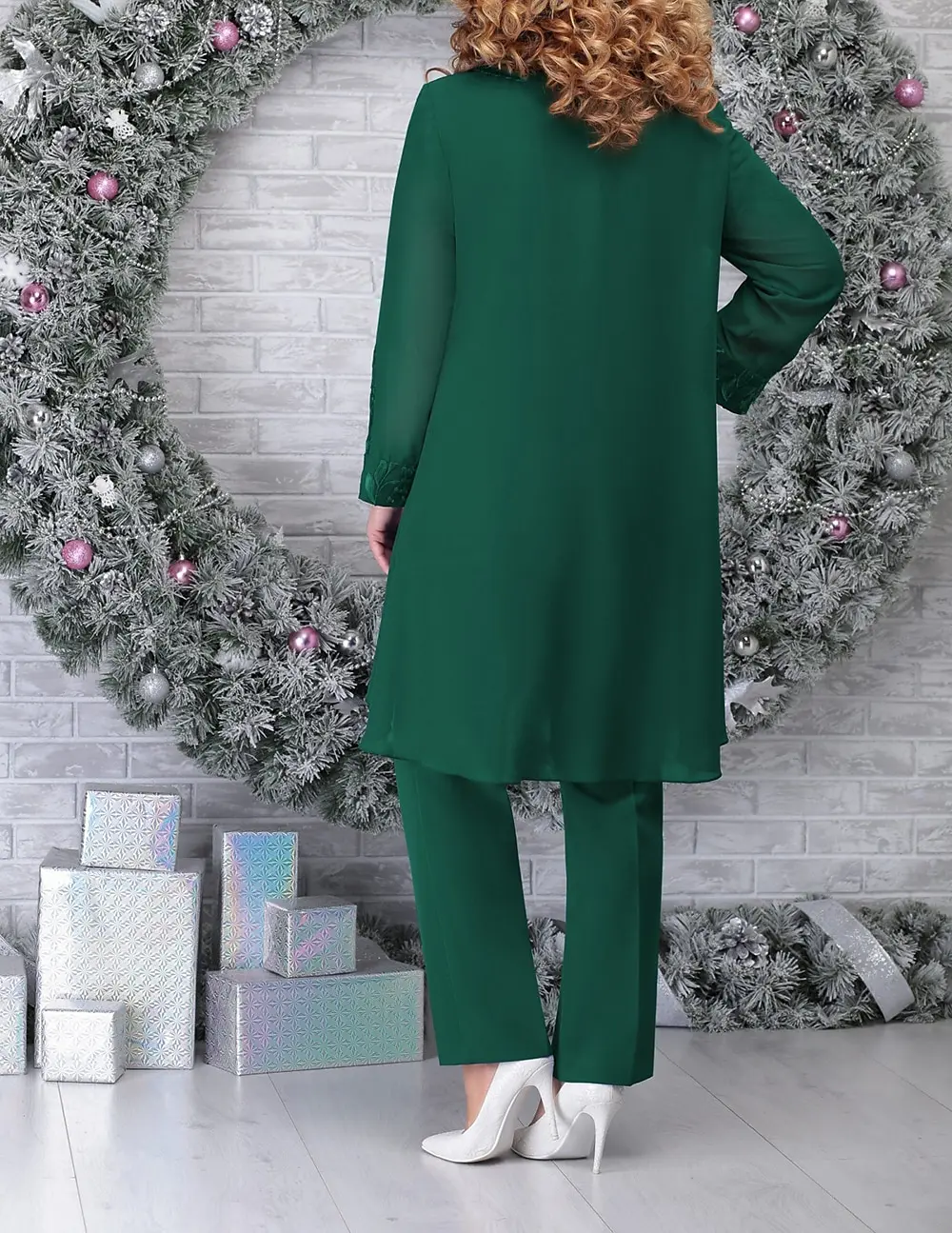 CloverBridal Plain Lace Solid Color Mother Of Groom Dresses Casual Daily Hunter Green Streetwear Daily Shirt Pants Sets WM9973