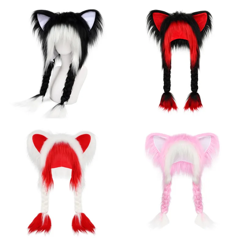 For Halloween Cosplays Red black Pink Cosplay Cat Ear Plush Hat With Braided Warm Fluffy Earmuffs And Headwear Anime Accessory