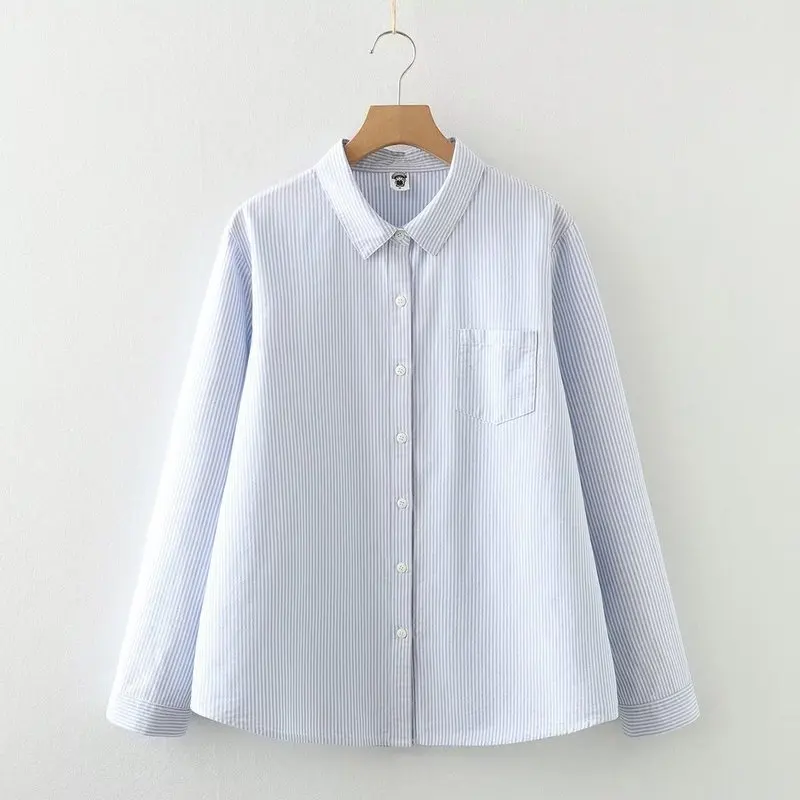 

[Готовый запас] Высококачественная женская блузка из 100% хлопка, рубашка в полоску, свободная оксфордская рубашка с лацканами и длинными рукавами, женский кардиган, топ