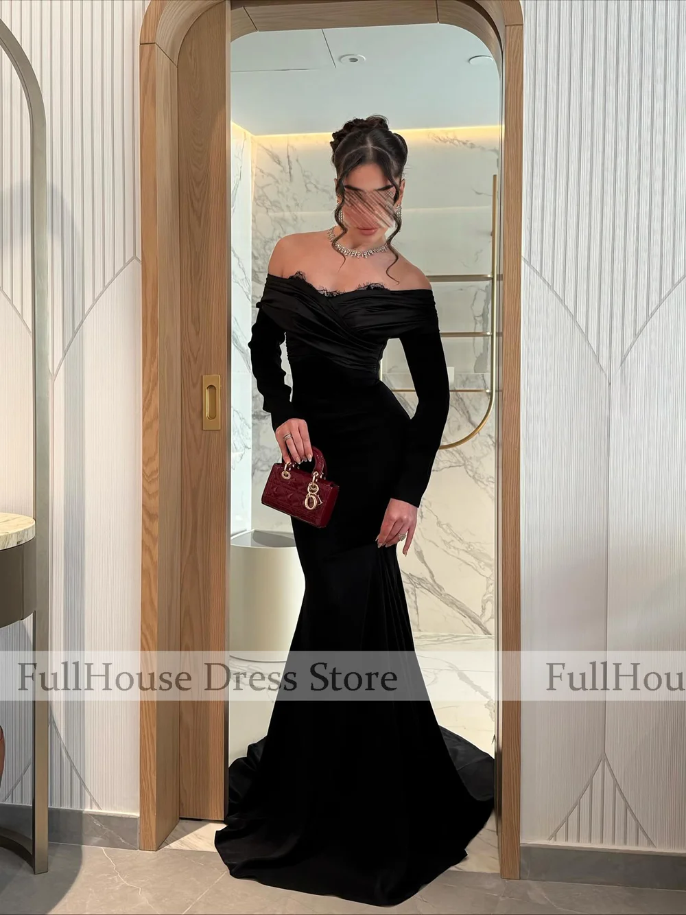 العرف الأسود قبالة الكتف كم طويل مطوي ثوب مسائي قطار عارية الذراعين حورية البحر مثير ماكسي فستان عربي سعودي مع الدانتيل