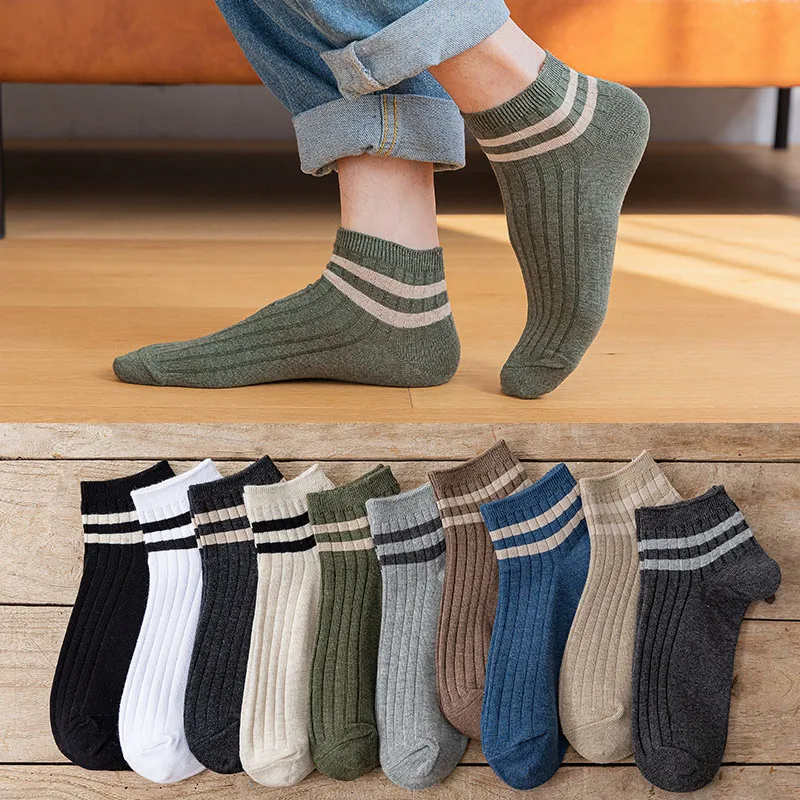 10 Pair Striped Cotton Men\'s Ankle Socks Striped Short Mouth Fashion Casual Man Sock