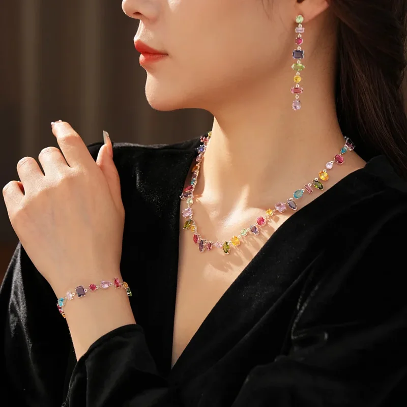 

Color Zircon Water Drop Pendant Ear Studs Luxury Sweet Earring Bracelet Fashion Necklace Set for Women Ornament