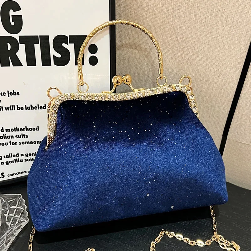 2024 Retro Women Velvet Chain Messenger Bags Shell Clip Vintage Metal Hand Crossbody Bags Clutch Purple Blue Handbags And Purse