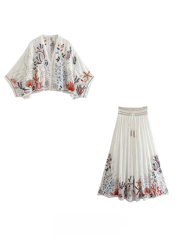 Women Fashion New 2Pcs Casual Cotton Embroidered Loose Top+Cotton Embroidered Midi Skirt 2023 Sexy Tops Two Piece Set Dress