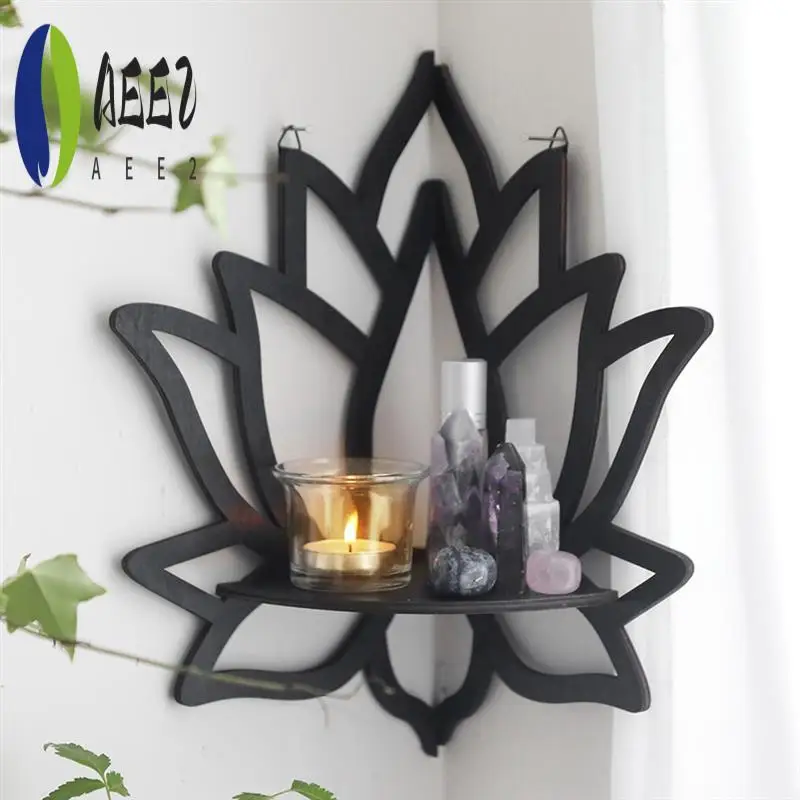 

AEE2-Lotus Corner Shelf Wooden Wall Mount Floating Shelf Decorative Flower Plant Display Shelf For Bedroom Book Room Decor