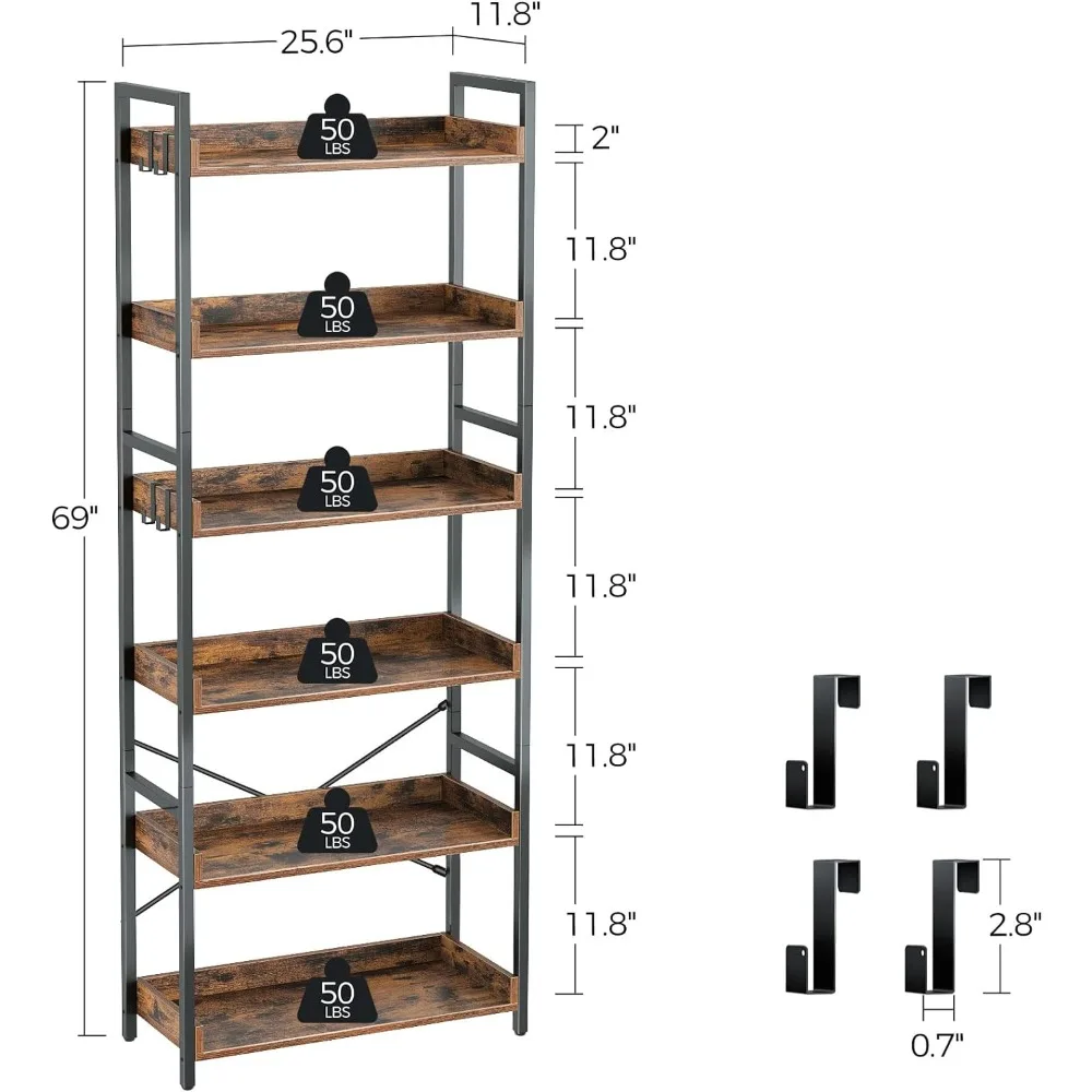 Bookshelf 6 Tier with 4 Hooks, Industrial Bookcase, Vintage Storage Rack with Open Shelves, Rustic Bookshelves Metal Frame