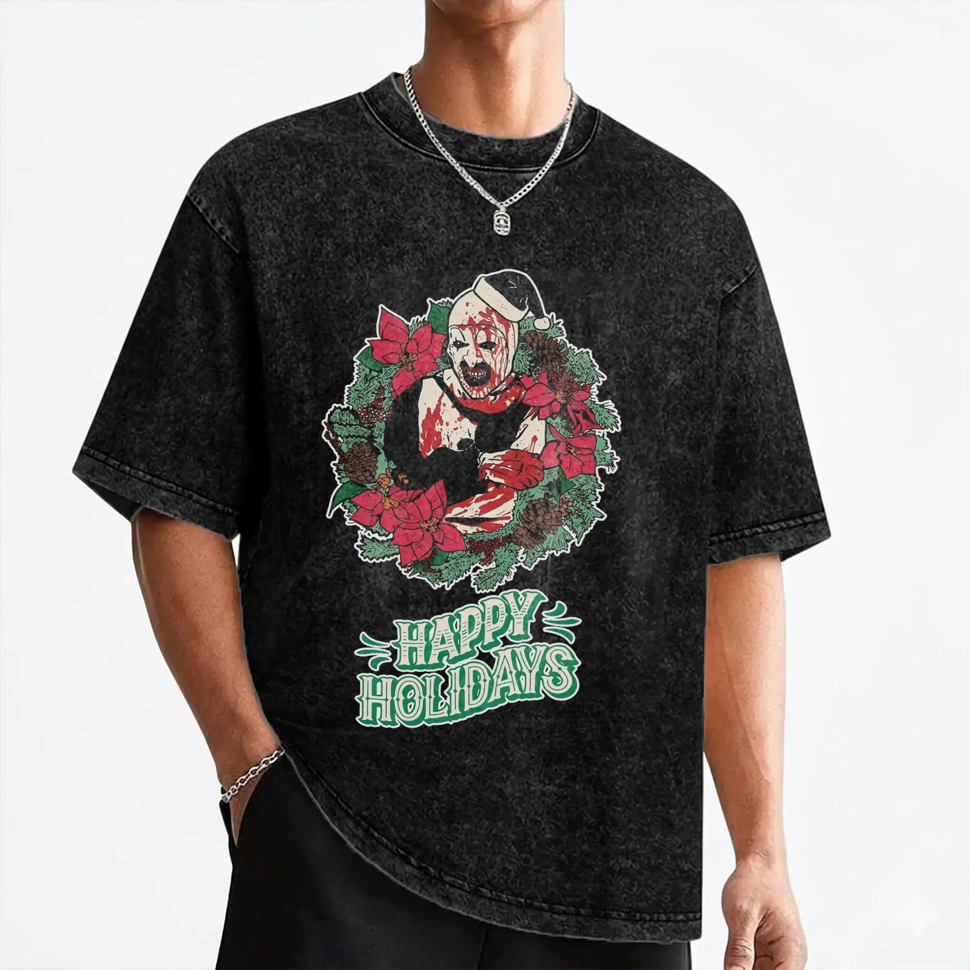 Terrifiers Christmas Santa Scary Clown T Shirt Washed Short Sleeve Harajuku T-Shirt Halloween Men Women Streetwear Printed Tees