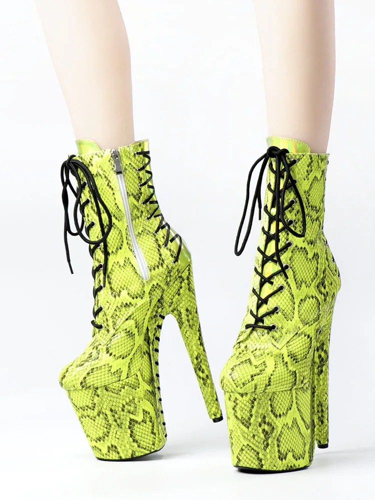 

Yellow Round Toe Snake Print Exotic Dancer Ankle Boots 20cm Nightclub Sexy Fetish Catwalk Pole Dance Shoes Stripper Gothic Queen