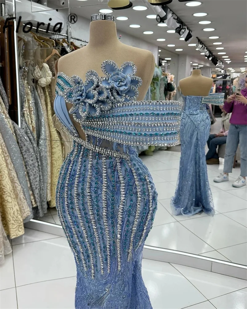 Elegant Blue Beaded Mermaid Formal Evening Dresses Sparkly Crystals Wedding Party Gown Celebrity Ceremony Dress Robes de soiree