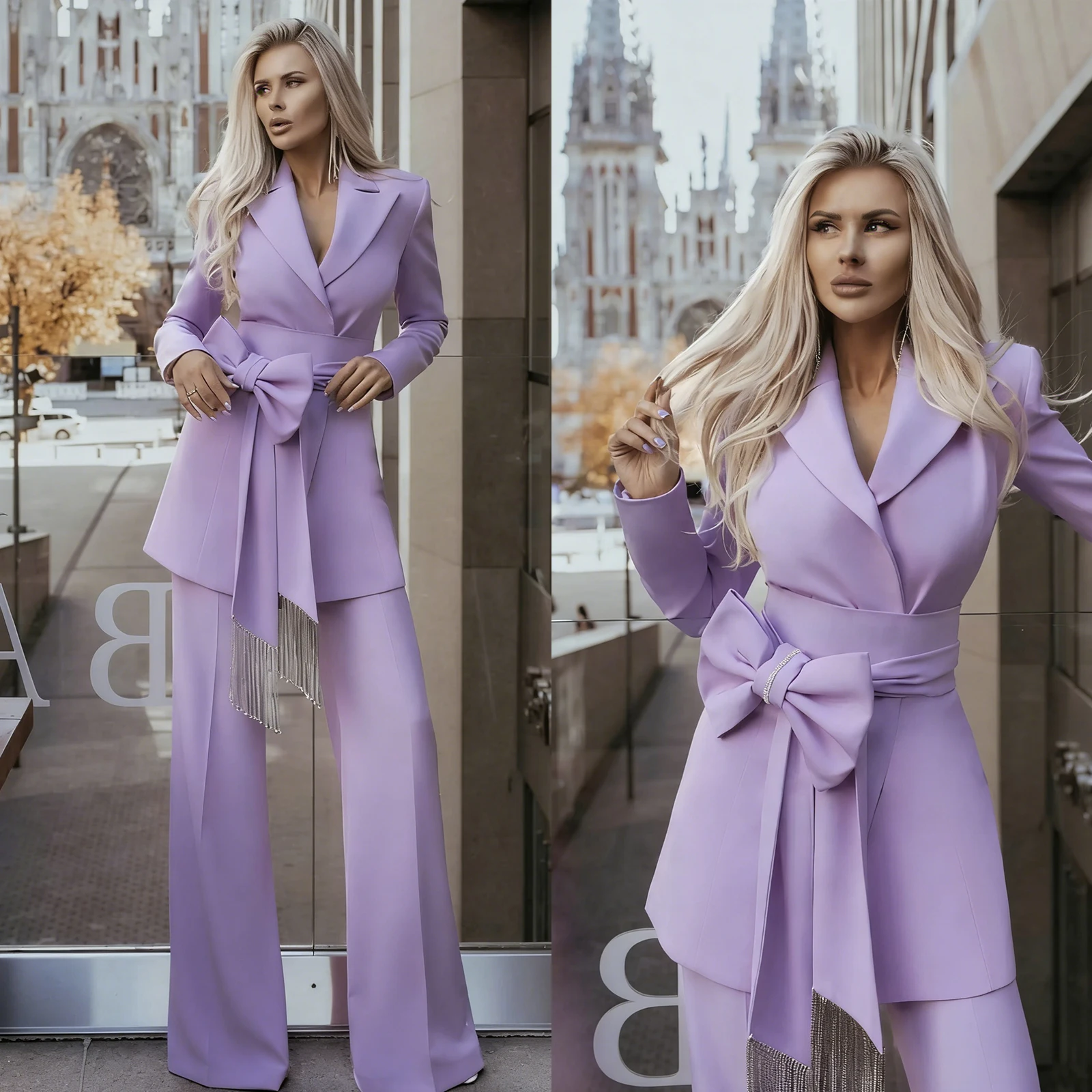 Bowknot Belt Women Pants Suits 2 Pieces Plus Size Light Purple Office Lady Suits Customized Formal Wedding Guest Party Suits