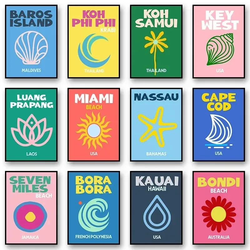 مجردة الملونة مدينة السفر كمبوديا شاطئ هاواي جدار الفن الملصقات والمطبوعات صورة لغرفة المعيشة ديكور قماش الطباعة #3