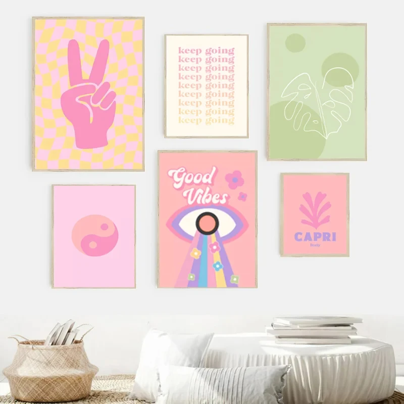 Abstract Danish Pastel Wall Art Poster Prints Purple Checkered Smiley Flower Canvas Painting Picture for Living Room Home Decor