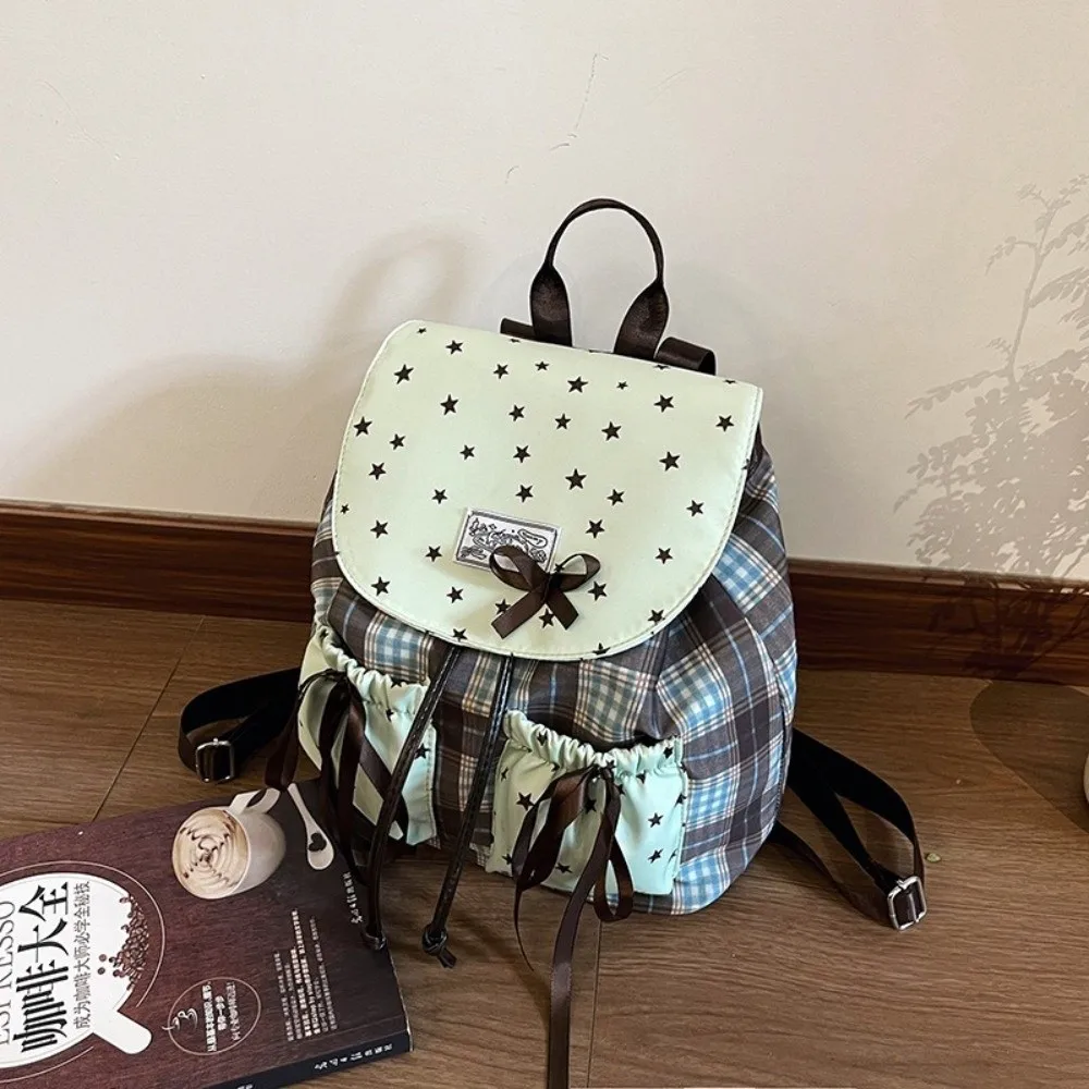 Sweet Bow Double Shoulder Bag Plaid Pattern Contrast Color Student Schoolbags Grid Pattern Vintage Mint Green Small Backpack