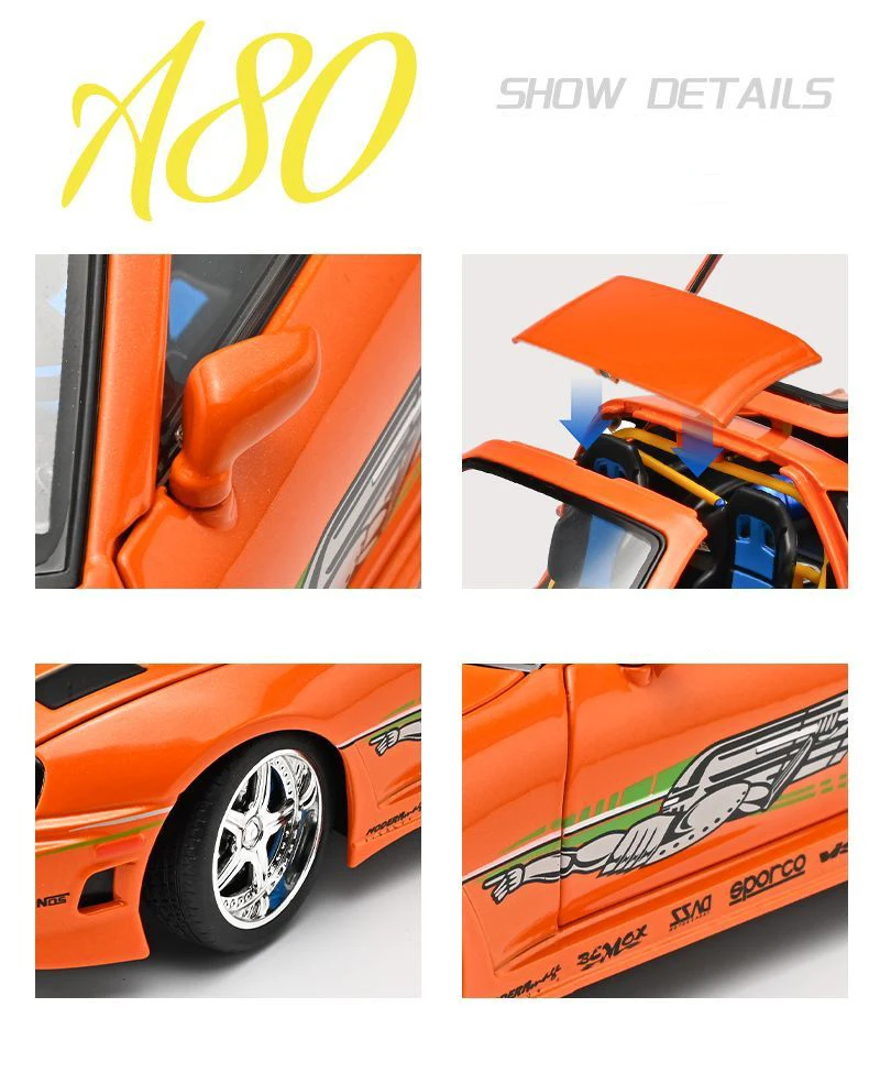 1:24 Brian Supra A80 JDM Supercar Alloy Car Model Sound and Light Pull Back Car Model Collectibles Birthday Gift