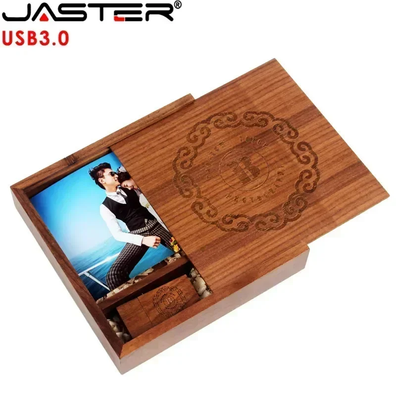 JASTER-memoria USB 3,0 para álbum de fotos, Pendrive con caja de madera, 4GB, 8GB, 16GB, 32GB, 64GB, 128GB, fotografía, boda, 1 unidad, logotipo personalizado gratis