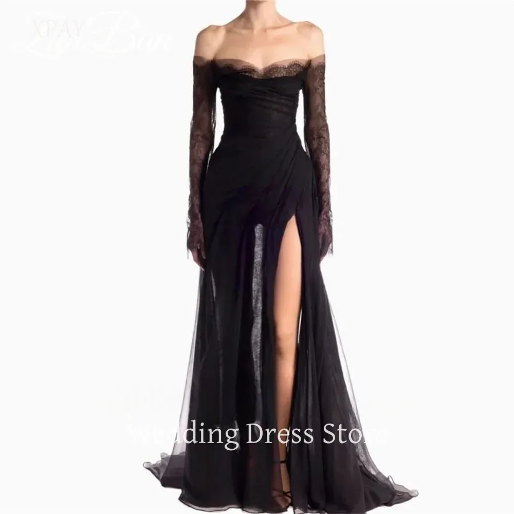 

XPAY Sexy Black Mermaid Long Sleeve Evening Dresses Customized Lace Side High Slit Special Occasion Formal Party Dress Prom Gown