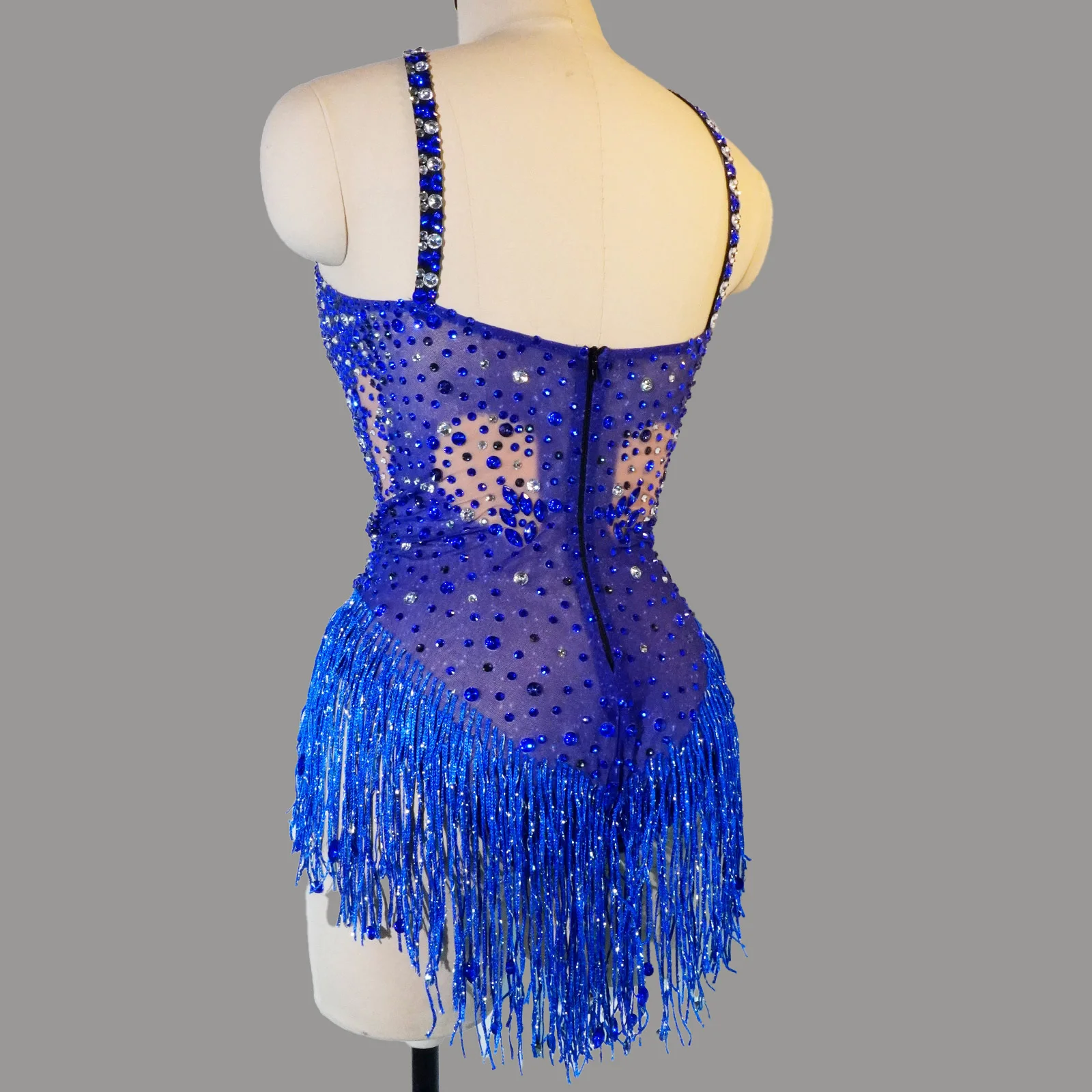 Brilliant Blue Diamond Sequin Pattern Halter Neck Sheer Fringe Bodysuit for Dance Nightclub Drag Queen performance Costume