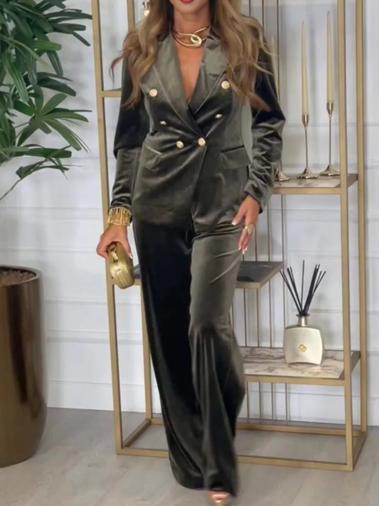 بدلة على الموضة معطف مجموعة للنساء أنيقة الصلبة طويلة الأكمام الخامس الرقبة القمم عالية الخصر بنطال ذو قصة أرجل واسعة 2 قطعة مجموعات سيدة مكتب الملابس