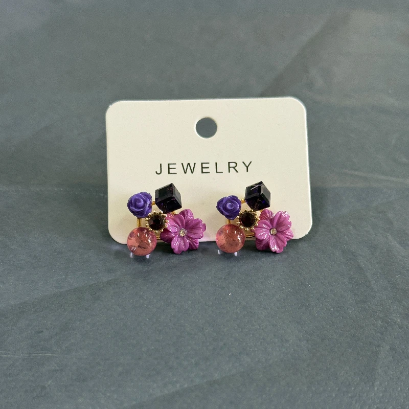Purple Crystal Flower Stud Earrings For Woman  Korean Fashion Jewelry Wedding Party Girl Elegance Set Accessories