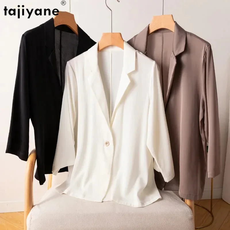 

Tajiyane Women's 95% Mulberry Silk 5% Spandex 19 Momme Black White One Button Blazer Jacket Office Work M L XL casaco feminino