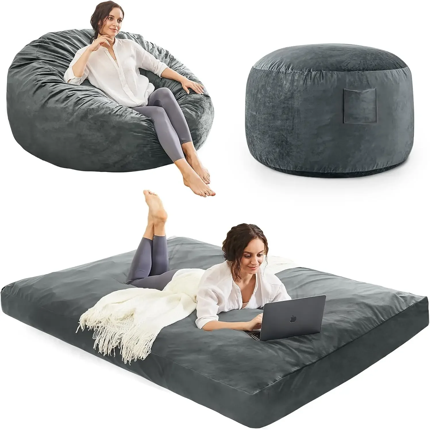 Bean Bag Chairs for Adults - Giant Bean Bag Convertible Floor Sofa | 3 IN 1 Lounger Couch Sofa, Memory Foam Filling, Removable V