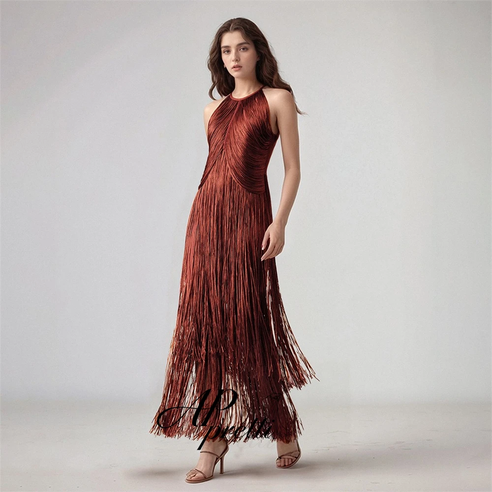 AP pretti Halter Fringe Sleeveless Evening Dress Customized Pleated Long Tassel Tiered Formal Prom Party Gown Vestidos De Noche