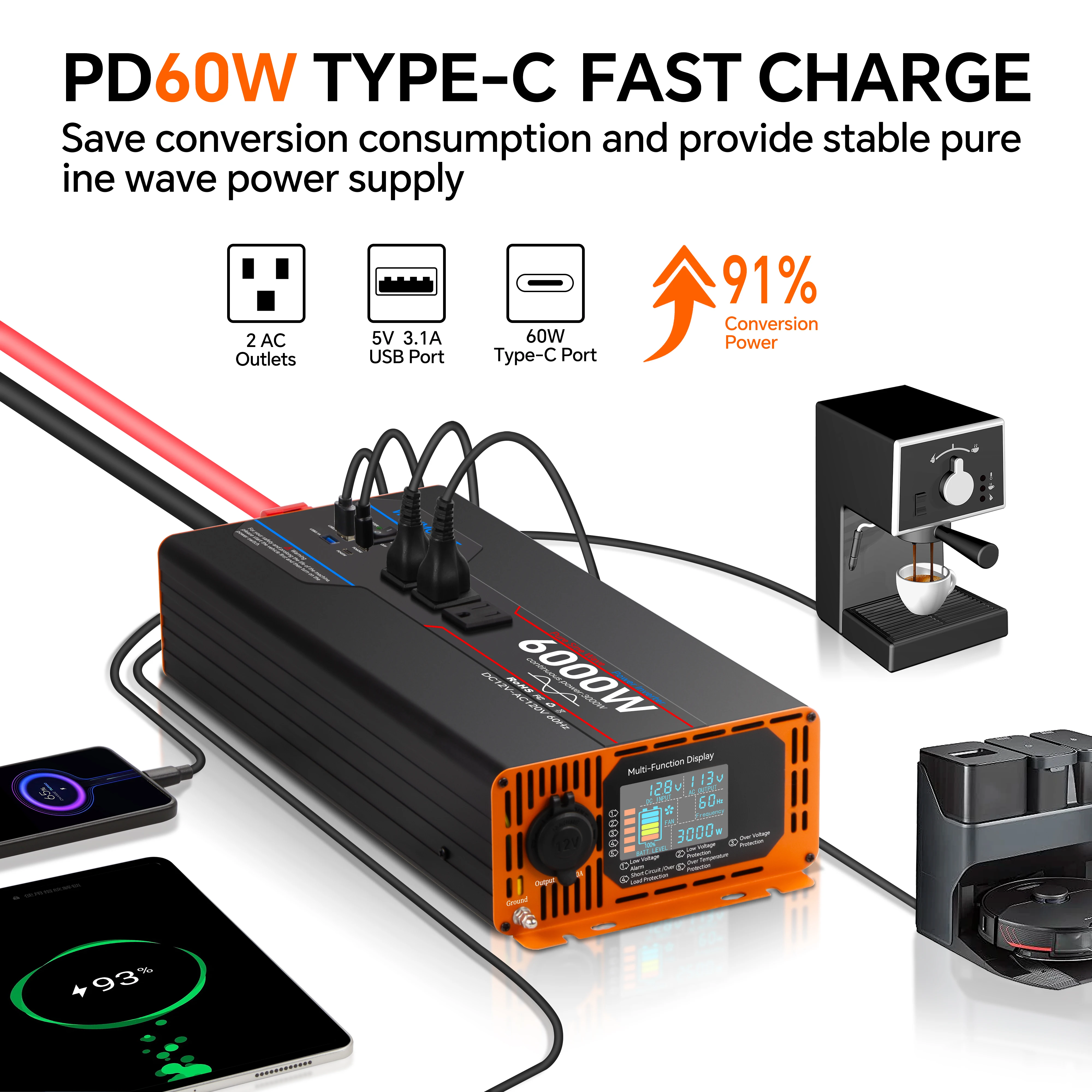 WEIPOER Car Pure Sine Wave Inverter DC 12V/24V إلى AC 120V 6000W لسيارة RV - محول طاقة مع USB، منافذ AC، LCD، جهاز تحكم عن بعد