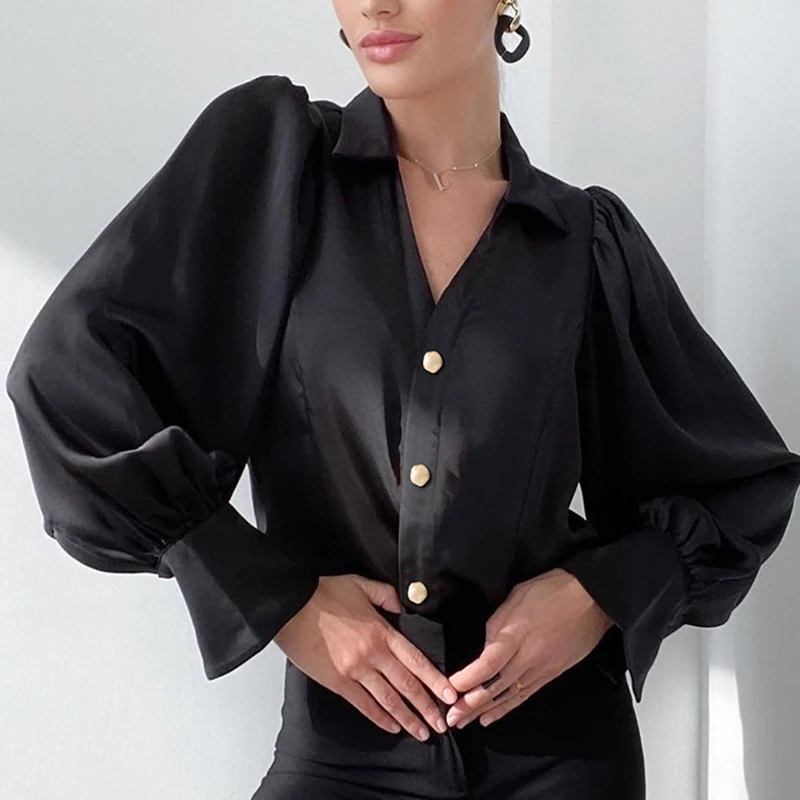 

2024 Lapel Office Satin Blouse Long Sleeve Black Casual Shirt Women Spring Loose V Neck Buttons Simple Blusas Ladies Tops 29367