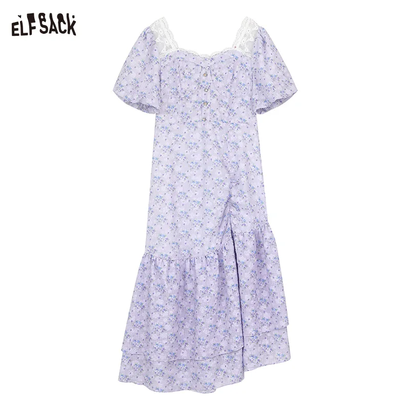 ELFSACK 2024 Summer New Ruffled puff sleeves floral temperament gentle holiday dress for women