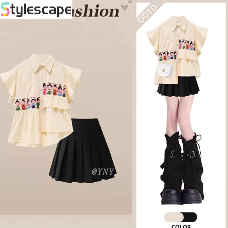 

Korean College Style Cartoon Print Set, Women's Summer Temperament Shirt, Slimming Pleated Skirt Two-piece Set Short Sets